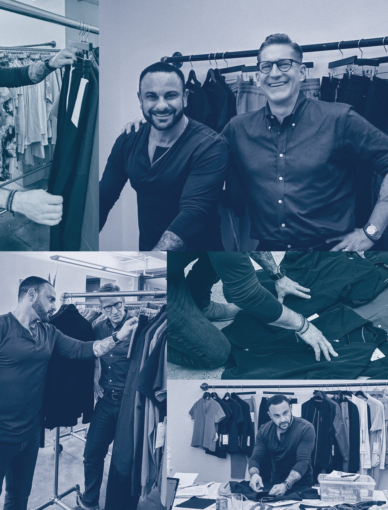 A blue and white collage of images of Penna co-founders David and Grant in various stages of reviewing product.