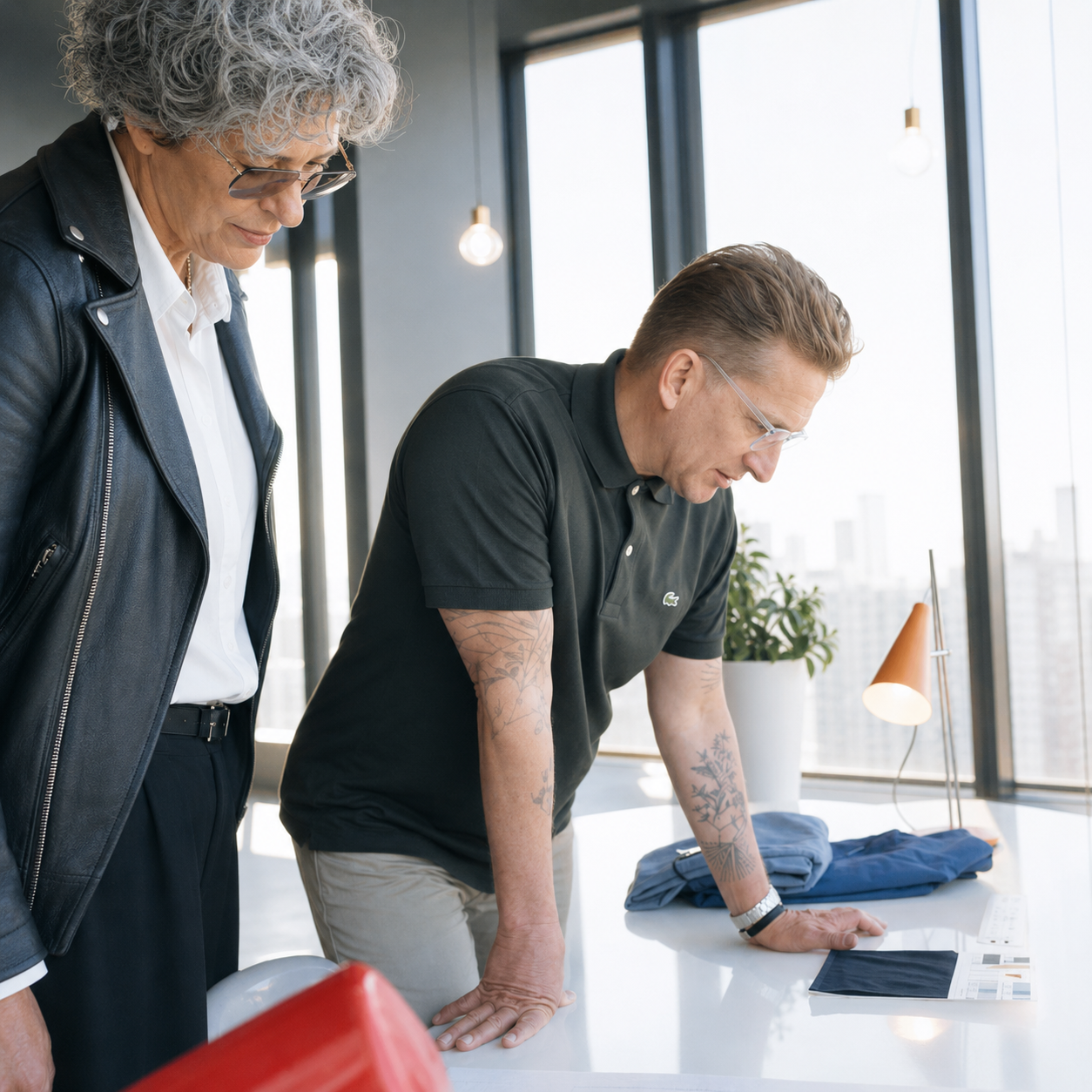 A man in a black polo shirt and khaki pants leans over a white table, examining a small black item next to a card, while an older woman in a black leather jacket and white shirt stands beside him in a bright modern office.