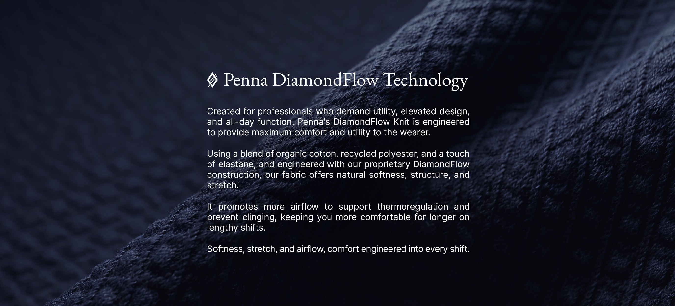 A close-up of dark navy and black textured knit fabric with white text reading 'Penna DiamondFlow Technology' and a short descriptive paragraph about the technology.