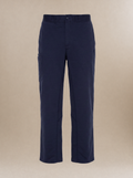 A pair of navy blue straight-legged scrub pants with a button waistband, displayed on a neutral beige background.