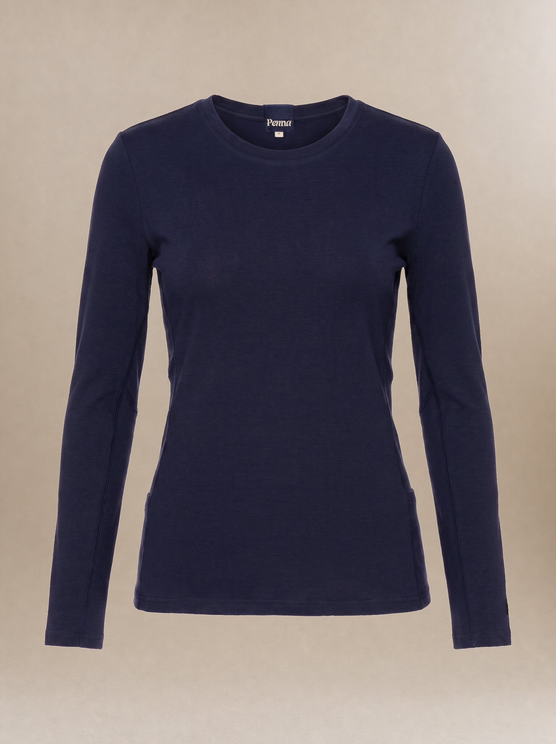women's navy blue, long-sleeve subscrup shirt. 