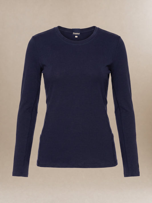 women's navy blue, long-sleeve subscrup shirt. 